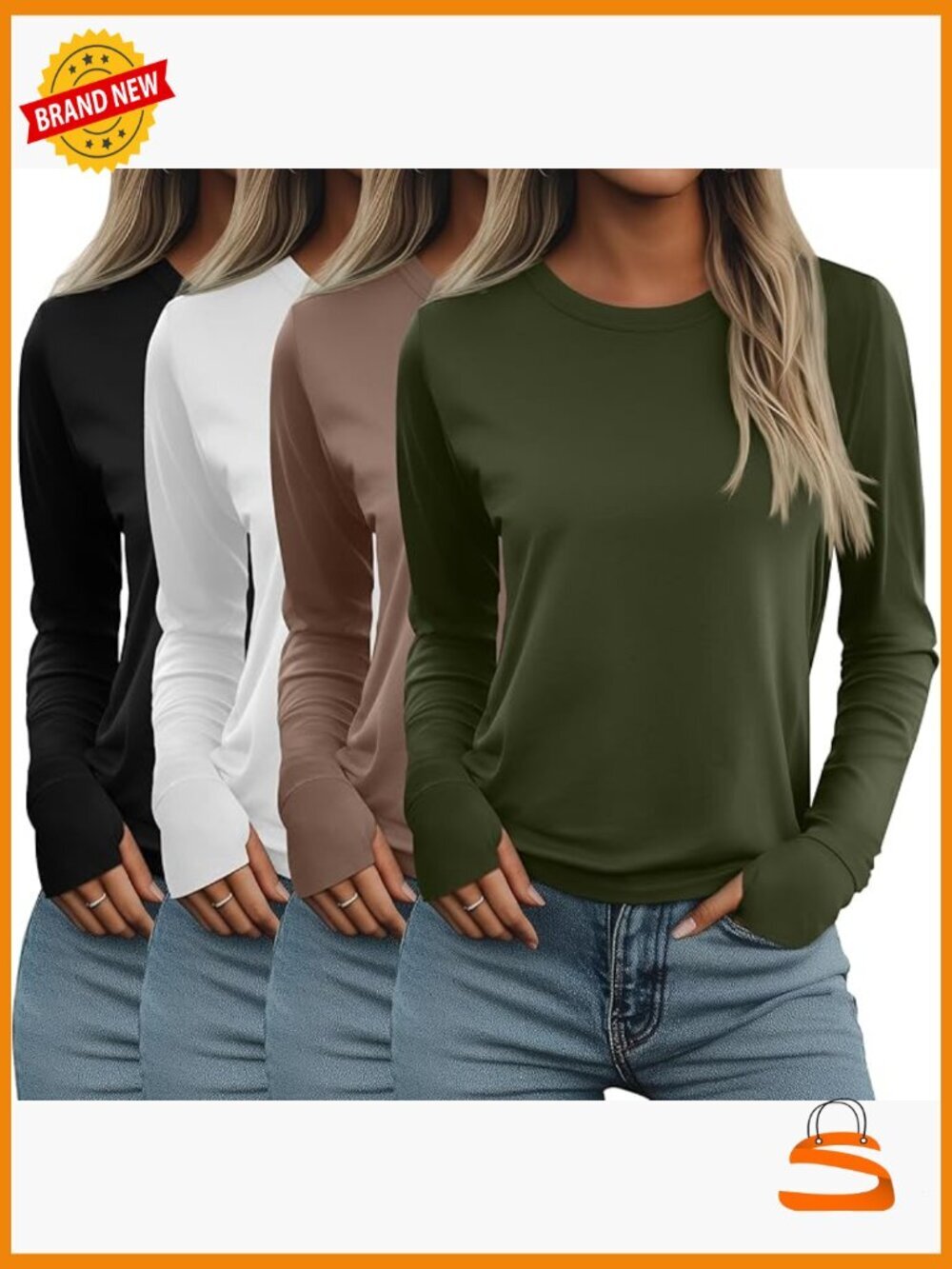 4 Pack Long Sleeve Thumb Hole Tunic Tees Crew Neck Loose Fit Top